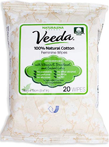 Veeda Natural All-Cotton Feminine Wipes with Vitamin E, for Sensitive Skin, 20 Count (Pack of 3)