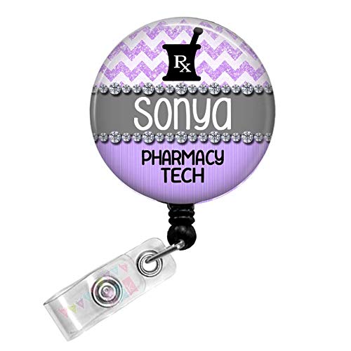Pharmacy Tech - Rx - Personalized - Bling - Purple - Glitter Chevron - Button Badge Reel - BR0279
