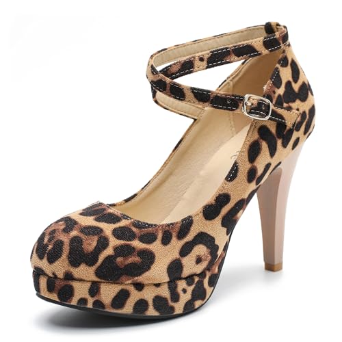 Women's Platform High Heels Closed Toe Pumps Strappy Cross Ankle Strap Shoes Suede Leopard Print 39 - US 8.5