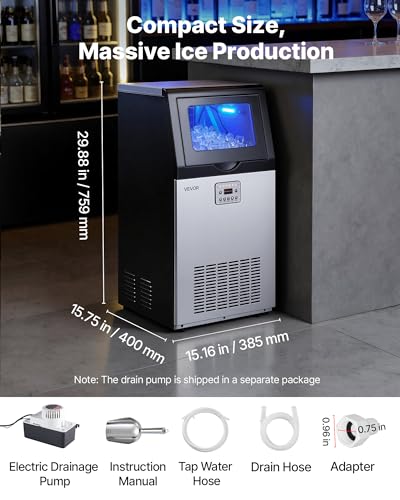 Image of VEVOR Commercial Ice Maker Machine with Pump, 100 lbs /24h with 30 lbs Storage Capacity, Built-in /Freestanding /Under Counter, Stainless Steel Ice Maker with LED Display & Self-Cleaning, for Home Bar