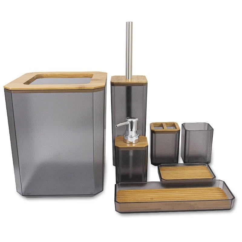 Set dispensador de jabón conjunto de accesorios de baño de bambú, kit de plástico, dispensador de jabón, taza de cepillo de dientes, jabonera conjunto de baño accesorio(Gray 6pcs C)