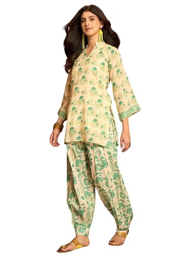 Image of EthnicJunction Women's Linen Floral Print Summer Wear Straight Short Kurti with Afghani Pant Set | Co Ord Set for Women Stylish | Fusion wear Women