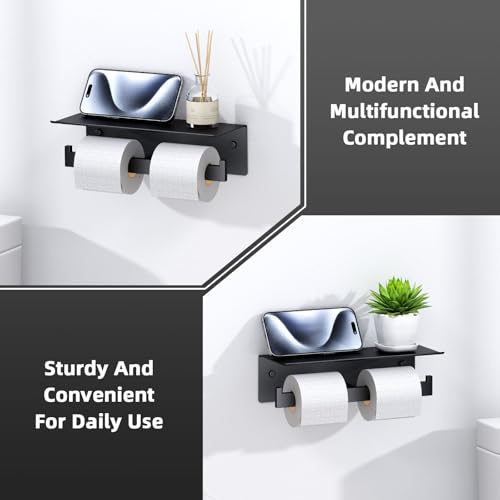 Image of Angle Simple Matte Black Toilet Paper Holder with Shelf, Tissue Roll Holder