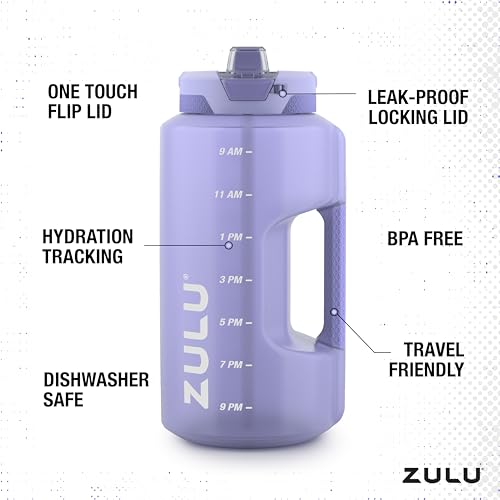 Image of ZULU Goals 128oz Half Gallon Plastic Water Bottle with Straw and Time Marker | Large Reusable Jug with Handle and Leak Proof Lid for All Day Hydration, Gym and Outdoors, Gift Ready, Violet