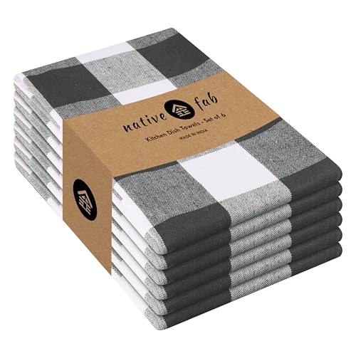 Native Fab 6-Pack Kitchen Towel with Hanging Loop 16x26 inches, Cotton Buffalo Check Kitchen Towels for Cleaning Drying, Washcloths Soft & Absorbent Cloth Rags, Bar Towel, Dish Cloth, Grey