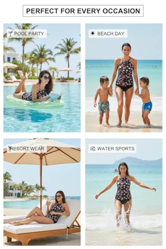 Image of Tempt Me Two Piece Tankini Swimsuit for Women High Neck Ruched Tummy Control Top with Bottom Bathing Suits