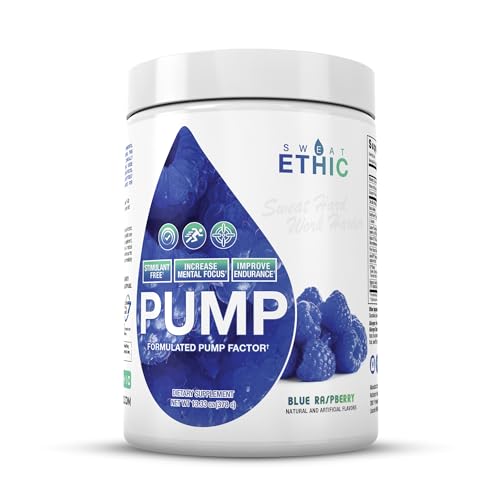Image of Sweat Ethic Pump Pre Workout Powder, Caffeine Free Pre Workout With Citrulline Malate, Betapower, Beta Alanine, Capros Indian Gooseberry, and Alpha Gpc, Easy to Mix, Blue Raspberry Flavor, 42 Servings