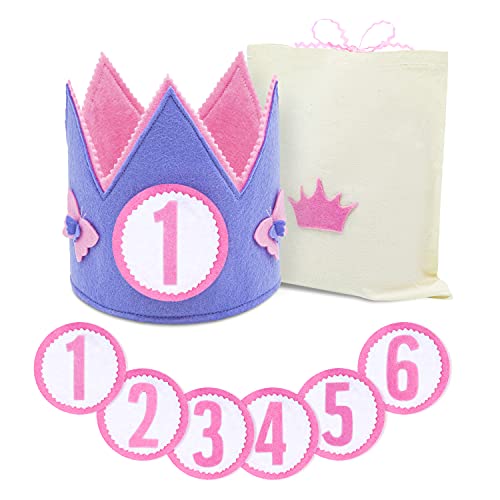 VAMAJOO Corona Cumpleaños y Fiestas Infantiles + Números 1 al 6 + Bolsa de Algodón. Confeccionada en España con material suave y consistente. (Corona Lila)