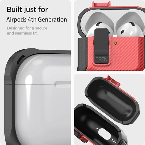 Image of Olytop for Airpods 4 Case with Lock Clip, Rugged Apple Airpods 4th Generation Cover 2024 Men Women, Armor Shockproof iPod 4 Gen Protective Hard Shell with Carabiner&Cleaner kit,CF Black /Red
