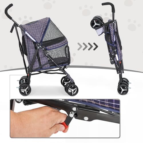 Image of MoNiBloom 4 Wheels Pet Stroller, Easy-Fold Umbrella Shaped Dog Cat Jogger Stroller w /Storage Bag & Visible Mesh for Small /Medium Dogs Cats Plaid