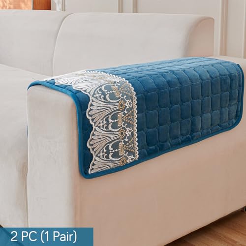 Image of HOKIPO 'BelleLace Series' Imperial Milk Velvet Anti-Slip Sofa Armrest Covers with Lace | 1 Pair - Celdaon Blue (AR-5961-BL*2)