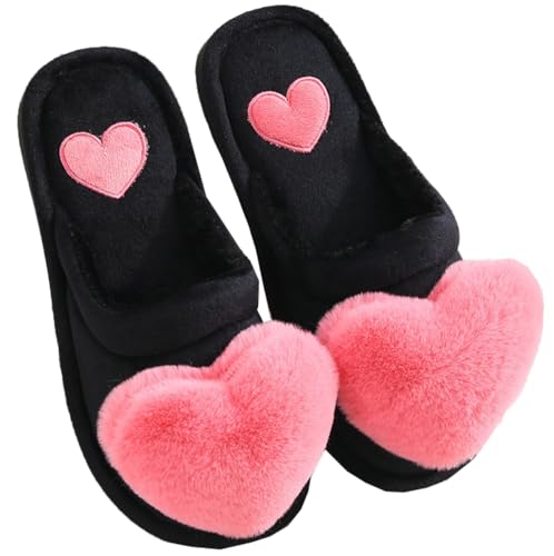 Women’s Cartoon Heart Closed - Toe Slippers Soft Fuzzy Warm Non - slip PVC Sole Ladylike Home Shoes