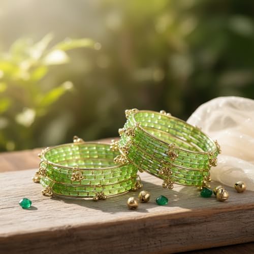 Image of NEW SURYA ENTRPRISES Kashmiri Ghangharoo Glass Bangle Set for Women|Light Weight Bangles|Traditional Transparent Fancy Glass Chudi Set Of 16(12 Glass + 4 ghungroo bangles)
