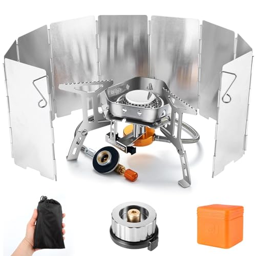 Odoland Hornillos Portátiles de Camping con Parabrisas Plegable, Mini Estufa Plegable de Acero con Encendido Piezoeléctrico, Hornillos de Gas Ultraligera para Camping Picnic Mochilero Senderismo