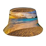 Sunset Hawaiian Palm Tree Print Fashion Unisex Bucket Hat Wide Brim Sun Protection Foldable Double Sided Printed Sun Hat Black