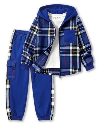 Image of Toddler Boy Clothes Plaid Hooded Shirt White T-shirt Top and Solid Color Pants 3Pcs Winter Boys Clothes