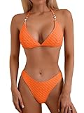 swimall Women's Triangle Bikini Set Cheeky High Cut Sexy Two Piece Swimsuit Cute Halter Bathing Suit - Orange - Small