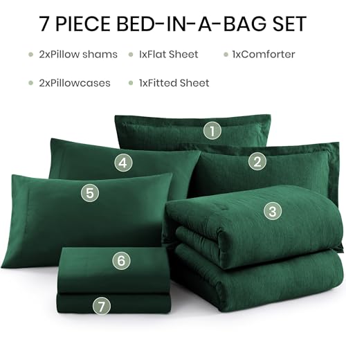 Image of Monbix Queen Comforter Set - 7 Pieces Cationic Dyeing Emerald Green Bed in a Bag Queen Bedding Sets with Comforter, Sheets, Pillowcases & Shams, Reversible Bedding Comforters Sets