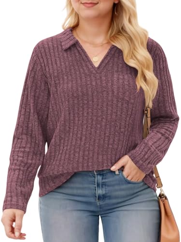 Image of VISLILY Womens-Plus-Size-Tops Collared V Neck Polo Shirts Lightweight Long Sleeve Sweaters Trendy Pocket Decor Tunic Blouses