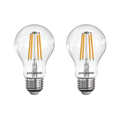 paul russells E27 Edison Screw LED Filament 7Watt 60W Equivalent 806LM Lumens 2700K ES Standard GLS A60 Super Bright Energy Saving Light Non-Dimmable - Warm White Bulbs - Pack of 2