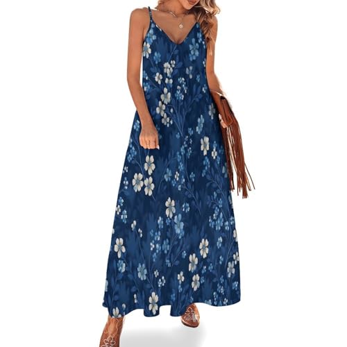 Robe maxi fleurie bleu marine à bretelles pour l'été champêtre
