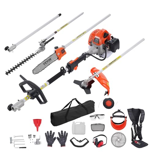 VEVOR Outils de Coupe Multifonctionnel 6 en 1, Taille-haie à gaz 52 CC, désherbeur, Taille-Bordure, Moteur Deux Temps, scie à Perche, tronçonneuse avec...