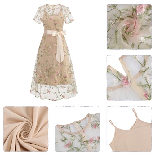 Image of Women Short Sleeve 2 Piece Floral Embroidery Dress Mesh Sheer Wedding Tulle Prom Midi Evening Cocktail Party Dress with Belt