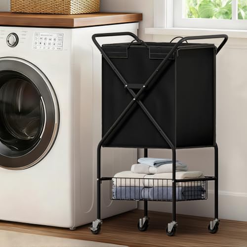 Image of Laundry Basket with Wheels:88L Rolling Laundry Cart Foldable Metal Frame Dirty Clothes Laundry Hamper 36 inchH 4 Caster 2 Brake Waterproof Removable Liner Carry Handle for Dorm Laundry Room,Black