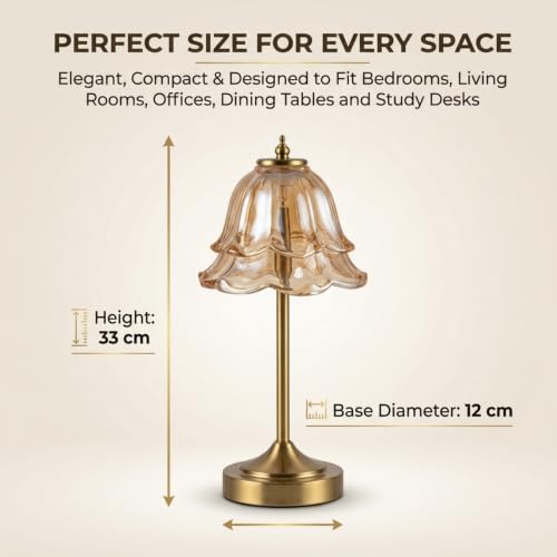 Image of NYRWANA Cordless Rechargeable Glass Table Lamp with 2000mAh Battery, USB-C Charging, Stepless Dimming, 3 Colour Touch Control, Lamp for Bedroom, Living Room, Home Decor (Metal)