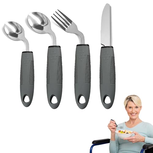 ADDLIVE Parkinson Besteck, 4 Pcs Besteck für Behinderte, 42° Winkel Edelstahl Adaptives Besteck für Parkinson für Behinderte Menschen Parkinson...