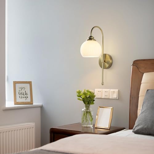 Image of KCO Lighting 1-Lighting Milk Ribbed Glass Wall Sconce Indoor Gold and White Wall Sconce Minimalist Slim Long Sconces Brass Hallway Wall Light Fixtures Globe Vanity Lights for Bathroom Bedroom