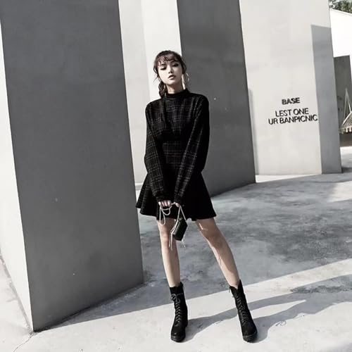 Gothic Plaid Dress Black Long-Sleeved Dress Dark Mini Black Dress Emo Dress4