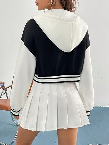 SweatyRocks Women's Letter Print Hooded Bomber Jacket Color Block Long Sleeve Cropped Baseball Jacket Outerwear2