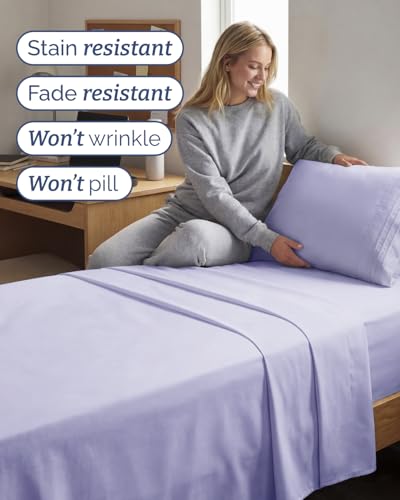 Image of Twin XL 4 Piece Sheet Set - College Dorm Room Essentials - Lavender | Ultra Soft Dorm Bedding Set, 8 inch to 16 inch Inch Deep Pockets, 1 Flat & 1 Fitted Sheet & 2 Pillowcases, Wrinkle & Fade Free