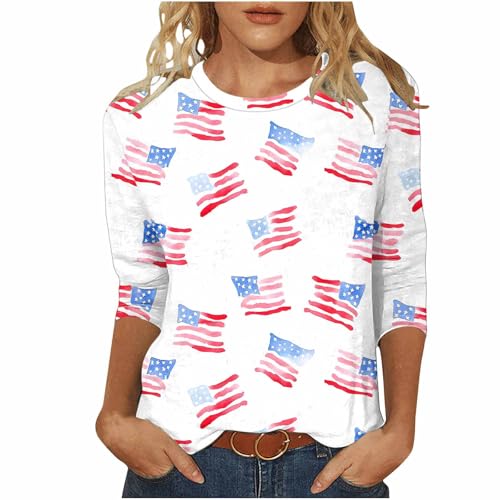 Image of Fourth of July Shirts for Women 3 /4 Sleeve Summer Tops American Flag Print T Shirt Patriotic 4th of July Shirts 2025