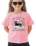 Kids Toddler Little Girls Funny Cat Lover T-Shirt Life is Better with Cats and Books Whimsical Animal Top(3-4T,Pink Book)