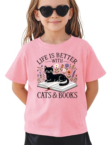 Kids Toddler Little Girls Funny Cat Lover T-Shirt Life is Better with Cats and Books Whimsical Animal...