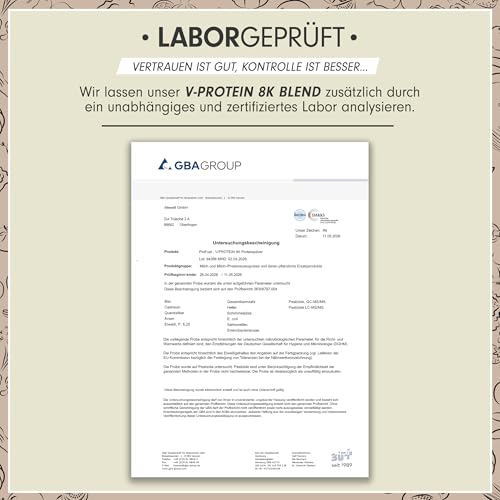 Vegan Protein – Schokolade-Erdnuss-Karamell - V-Protein 8K Blend - unglaublich lecker & cremig - aus Sonnenblume, Reis, Erbse, Hanf, Kürbis uvm. - pflanzliches Proteinpulver mit 73% Eiweiß