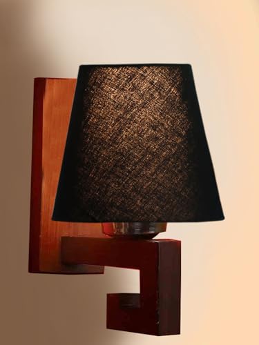 Image of Wall Lamp with Wooden Base (H- 10.9 Inch, Black) Modern Wall Sconce for Bedroom /Living Room, Study Room, Home Office Decor | Decorative Indoor Lighting, Warm Ambient Night Lamp | Flared Shape