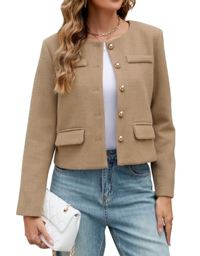 Ladyful Womens Cropped Tweed Blazer Jacket Collarless Long Sleeve Office Work Coat Fall Business Outerwear