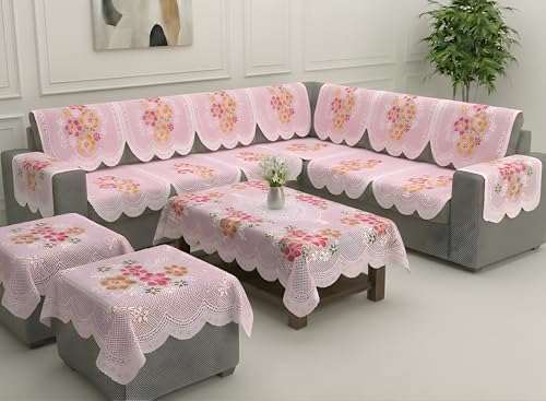 Image of Fab Nation Sofa Cover L Shape 7 Seater with Corner L Type Sofa Set for Living Room | Cotton Sofa Slipcovers for 4 + 3 Seaters Cover with 2 Arms + 2 Setty Covers + 1 Table Cover | Pink Flowers