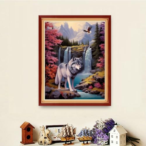 Image of Dooxvey Cross Stitch Kits for Adults Stamped Full Range of Embroidery Starter Kits for Beginners 11CT Printed Cross Stitch Patterns Needlepoint Kits Stamped Crossstitching-Wolf Falls 16x20 inch