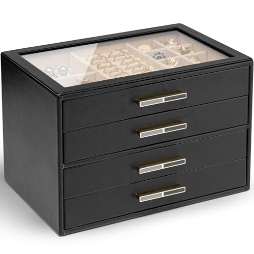Vlando 4 Layer Jewelry Box for Women, Glass Lid Jewelry Organizer with 4 Drawers for Necklaces Rings Earrings Bracelets - Black