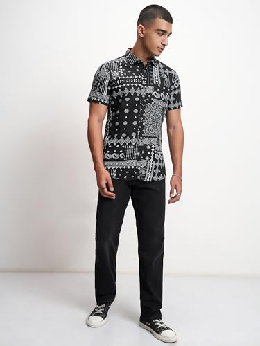 Image of Highlander Men's's Slim Fit Ethnic Motif Printed Casual Shirt | Short Sleeves, Button Closure & Modern Tailored Fit