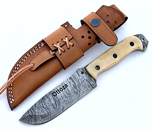 Ottoza Handmade Damascus Bushcraft Knife & Bone Handle - Survival Knife - Camping Knife - Tactical Knife - Damascus Hunting Knife with Sheath - Outdoor Knife with Sheath & Vertical Knife No:325