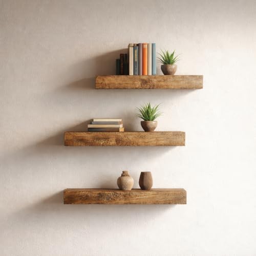 Image of Solid Wood Floating Wall Shelves Set of | Rustic Wooden Display Shelves for Living Room, Bedroom, Kitchen & Bathroom | Heavy Duty Wall Mounted Shelves (9 Inches, 3 Shelves)