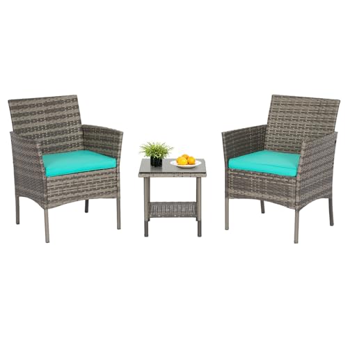 Image of FDW 3-Piece Patio Furniture Set | Gray & Blue | Outdoor Wicker Furniture
