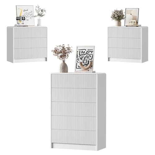Image of Furniway Bedroom Dresser Set 3 Piece, 5 Drawer Curved Dresser with 2 Nightstands, Modern Fluted Wood Storage Cabinet, White Chest of Drawers with Pop-Up Design, White