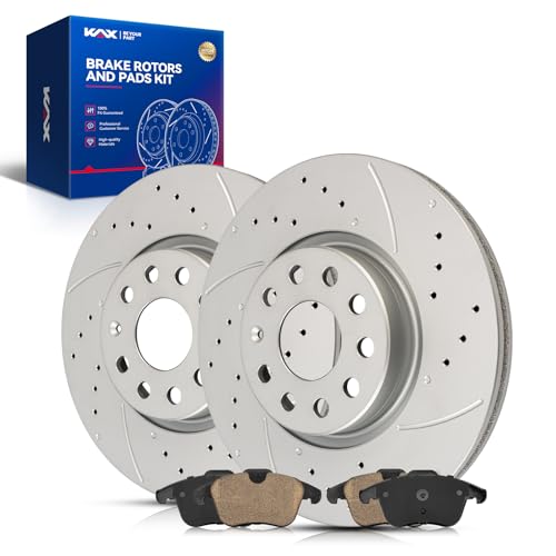 Image of KAX Front Brake Kit Fits Volkswagen Passat 2012-2021, Tiguan 2009-2017 | Drilled and Slotted Brake Rotors, Ceramic Brake Pads for Audi Q3 Quattro /Audi Q3 2015-2018, Tiguan Limited 2018