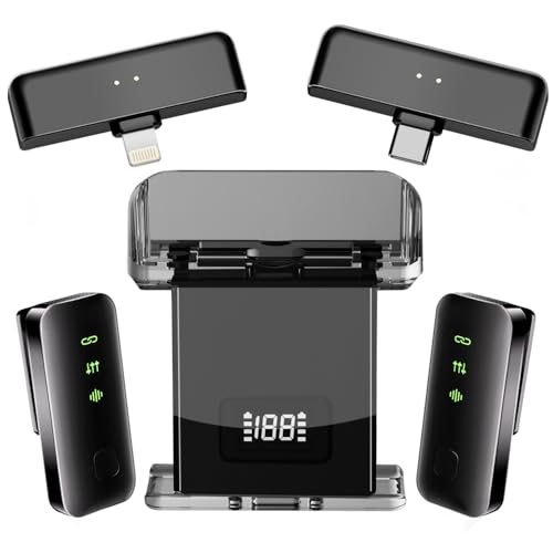 Image of Smart Saver Wireless 2 Microphone for iPhone iPad Android, Mini Lavalier Mic with Noise Cancellation, 20H Battery, Wireless Microphone for iPhone, Android, PC (2 mic + 2 Receiver + Charging Case)
